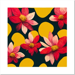 Bright, bold flower pattern in reds and yellow. Posters and Art